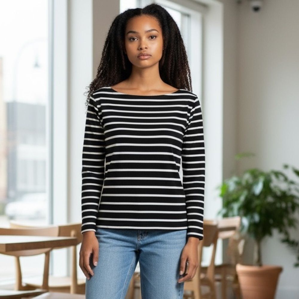J.Crew Women's Striped Long‎ Sleeve Boat Neck Top Black Size S